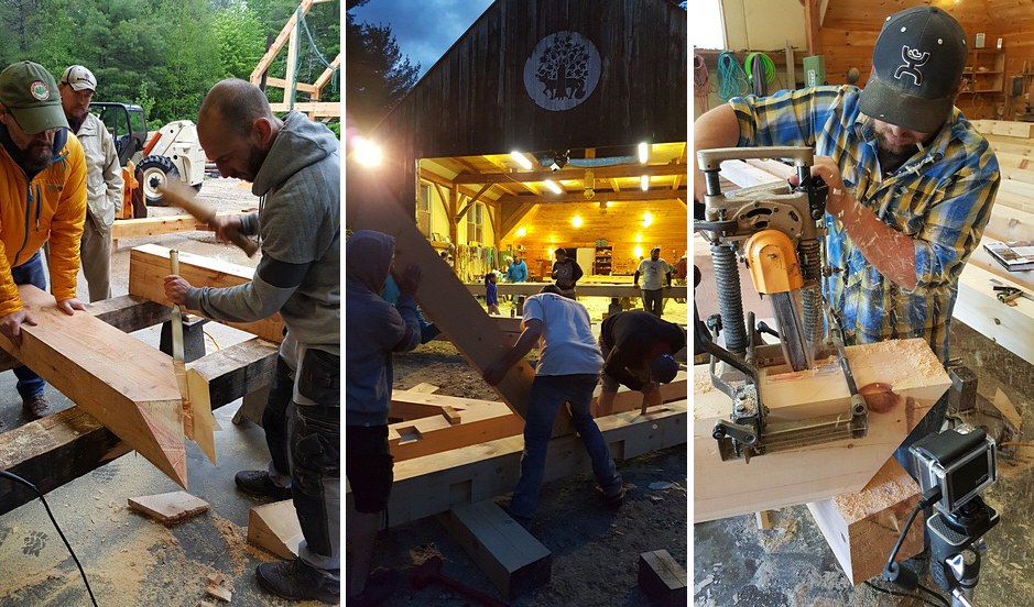 These three pictures are from the Fox Maple Spring Traditional Timber Framing Workshops held at Fox Maples Maine, USA campus in 2017. Photos by Aidan Banfield - as of the students at these workshops. Students cutting the joinery for a Traditional Timber Framed Building on the Fox Maple Spring Workshop in 2017